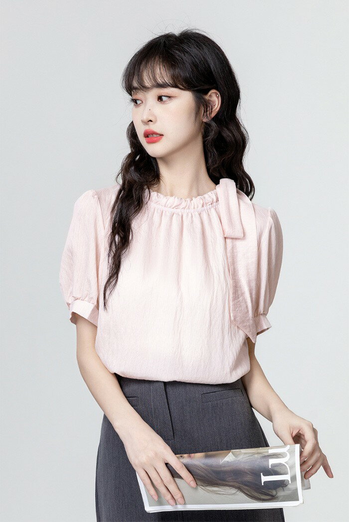 ブラウス 半袖 ショートスリーブ シャツ リボン レディース 夏 優しい シフォン 通勤 日常 おしゃれ 可愛い ピンク dk009lclcm6