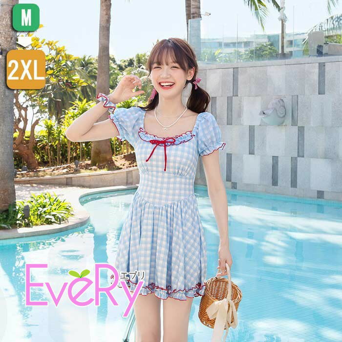 Rakuten - 水着 レディース 体型カバー ワンピース 水着 チェック柄 ガーリー 露出控えめ ロリィタファッション かわいい ショートパンツ 着痩せ パッド付 学生 ビーチ 海デート 韓国風 温泉 df037m3m3wd