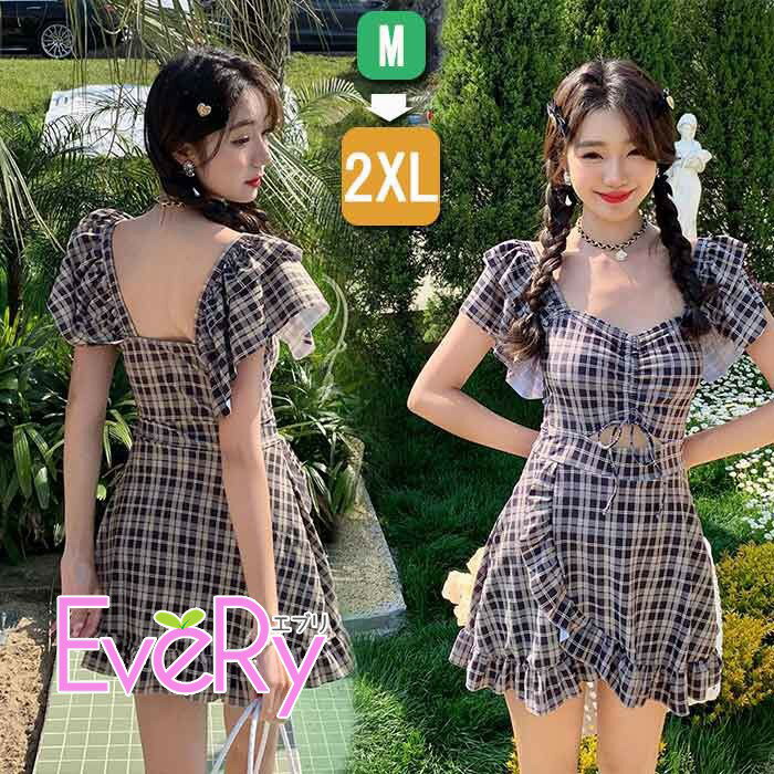 レディース水着 ワンピース スイムドレス チェック柄 パフスリーブ 背中開き レースアップ 体型カバー 可愛い ガーリー フレア 大きいサイズ M 2XL 海 プール リゾート ビーチ 温泉 旅行 写真映え 夏コーデ 学生向け 新作 df038m3m3wd