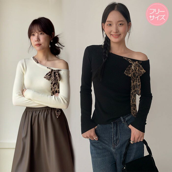 ワンショルダー Tシャツ カットソー レディース トップス リボン ラウンドネック きれいめ 長袖 2WAY ..