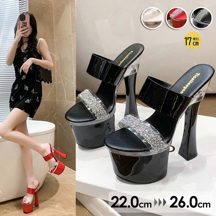 Rakuten - 厚底 ヒールサンダル ハイヒール レディース 17cm美脚サンダル グリッター アンクルストラップ かかと無し 歩きやすい パーティー 結婚式 キャバ ブラック レッド ベージュ 大きいサイズ 22.0-26.0 mh004m3m3m6