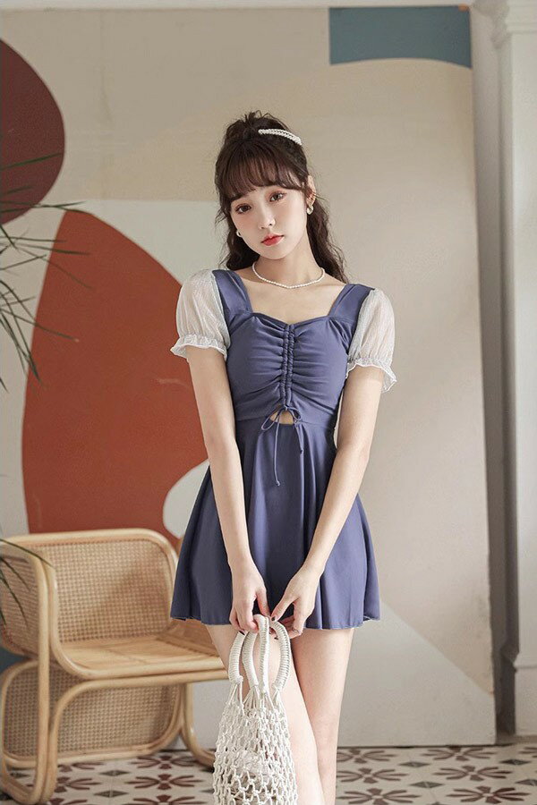ワンピース水着 服みたいな 水着 2点セット 半袖 リボン ワイヤーなし パッド付 レディース 着瘦せ シンプル セクシー 写真映え 撮影用 海 夏 サマー プール リゾート かわいい 透け感あり 旅行 温泉 大人 女性用 ジュニア 学生 女の子 ブルー df331m4m4m4