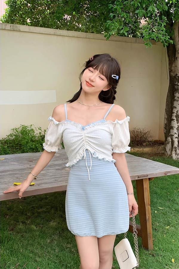 ワンピース水着 服みたいな 水着 2点セット 肩出し リボン ワイヤーなし パッド付 レディース 着瘦せ シンプル セクシー 写真映え 撮影用 海 夏 サマー プール リゾート かわいい 旅行 温泉 大人 女性用 ジュニア 学生 女の子 ブルー