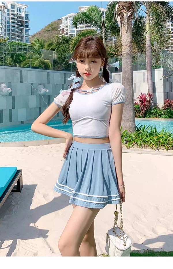 タンキニ レディース 2点セット フリル ストライプ 半袖 ワイヤーなし パッド付 ラウンドネック 着痩せ シンプル セクシー 写真映え 撮影用 海 夏 サマー プール リゾート かわいい 旅行 温泉 大人 女性用 ジュニア 学生 女の子 ママ水着 ブルー df372m4m4m4