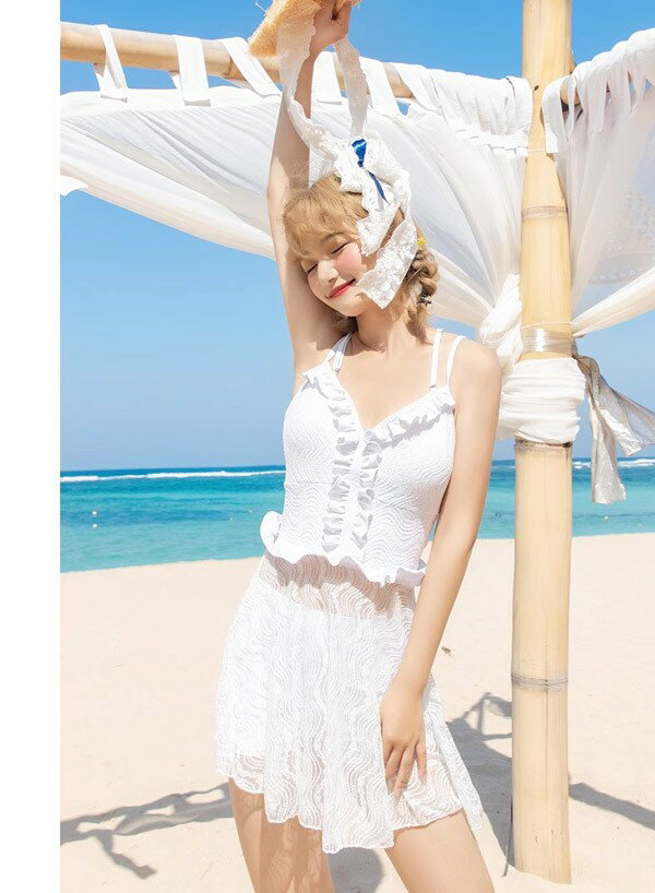 ワンピース水着 フリル 服みたいな 水着 2点セット 総柄 袖なし ワイヤーなし パッド付 レディース 透け感あり 着瘦せ シンプル 写真映え 撮影用 海 夏 サマー プール リゾート かわいい オシャレ 旅行 温泉 大人 女性用 ジュニア 学生 女の子 ホワイト df434m4m4m4