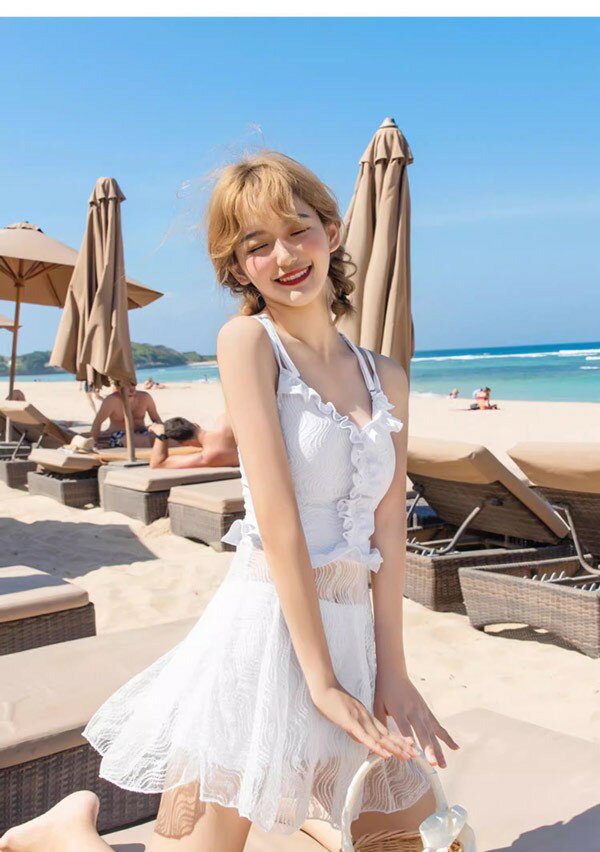 ワンピース水着 フリル 服みたいな 水着 2点セット 総柄 袖なし ワイヤーなし パッド付 レディース 透け感あり 着瘦せ シンプル 写真映え 撮影用 海 夏 サマー プール リゾート かわいい オシャレ 旅行 温泉 大人 女性用 ジュニア 学生 女の子 ホワイト df434m4m4m4