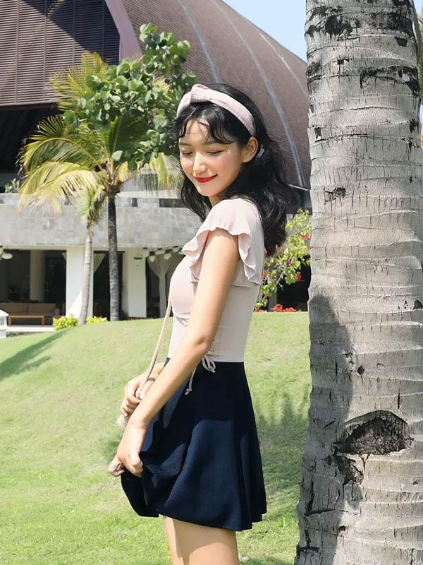 ワンピース水着 服みたいな 2点セット リボン 半袖 無地 切り替え ワイヤーなし パッド付 レディース 着痩せ カジュアル シンプル セクシー 露出控えめ 写真映え 海 夏 サマー プール リゾート かわいい 旅行 温泉 ジュニア 学生 女の子 ピンク ブラックdf466m4m4m6