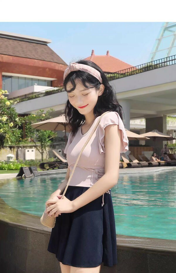 ワンピース水着 服みたいな 2点セット リボン 半袖 無地 切り替え ワイヤーなし パッド付 レディース 着痩せ カジュアル シンプル セクシー 露出控えめ 写真映え 海 夏 サマー プール リゾート かわいい 旅行 温泉 ジュニア 学生 女の子 ピンク ブラックdf466m4m4m6