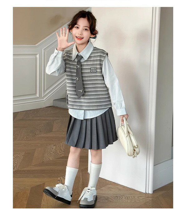 入学式 卒業式 制服 カジュアル 女の子 セット JK 春 秋 小学生 中学生 高校生 ジュニア 中学 受験 大きいサイズ ゆったりサイズ おしゃれ ネクタイ リボン ベスト セーター 卒服 長袖 入園祝い ギフト 卒園式 七五三 お受験 発表会 グレー dg721m4m4m6