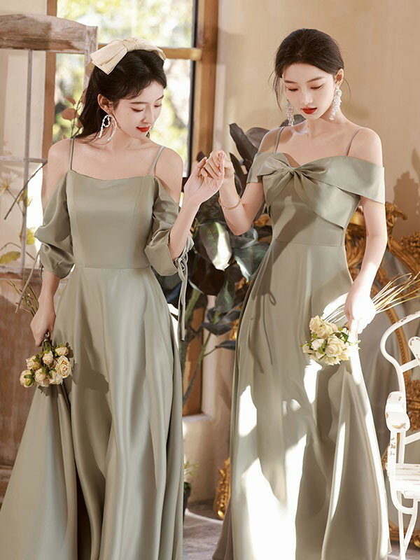 ブライズメイド ドレス ロングドレス 卒業式 演奏会 ピアノ発表会 結婚式 サテン スレンダーライン 袖付き ワンピース レディース 夏 きれい XS S M L XL 2XL da003m5m5m6