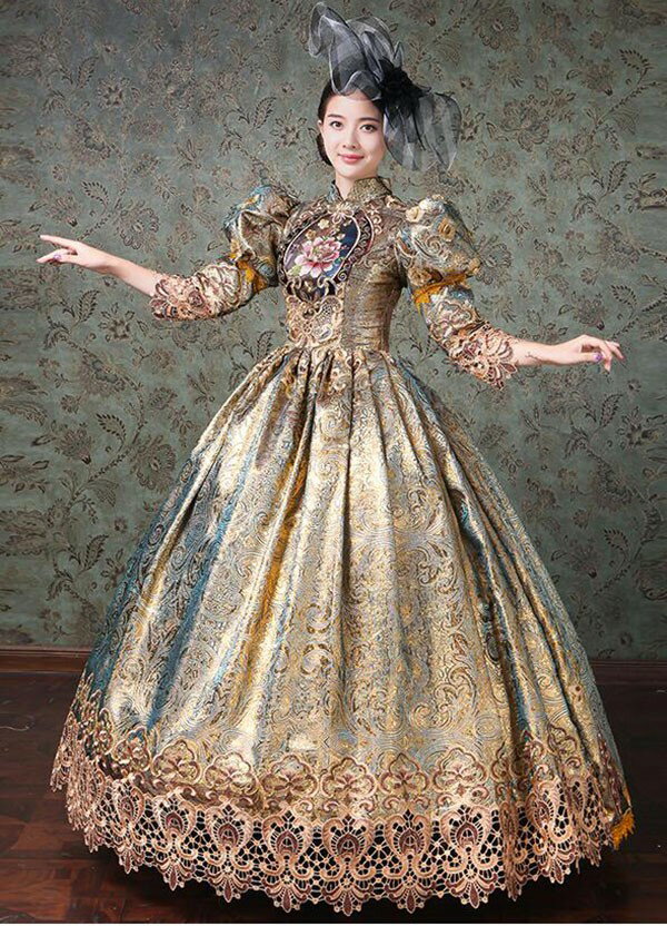 貴族ドレス中世 貴婦人ドレス パニエ付き ステージ 衣装 中世ドレス お姫様ドレス ヨーロッパ 貴族 王族服 ジュリエット 演出 現代劇演出 ステージ衣装 ヨーロッパ風 演出 パーティードレス ゴールド 大人 学園祭 文化祭 dk029m5m5m6