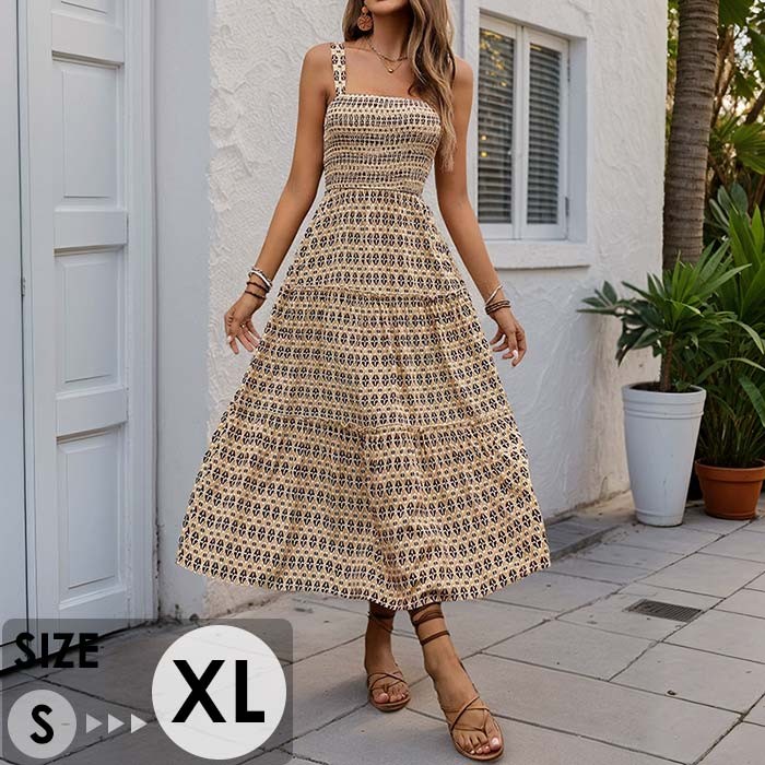 Rakuten - ワンピース 夏 レディース 袖なし Aライン 夏ワンピ リゾート サマー ゆったり 大きサイズ ビーチ リゾート 薄手体型カバー ハワイ沖縄 旅行用 お呼ばれ きれいめ ベージュ S-XL dd014m6m6m6