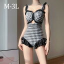 水着 レディース ワンピース水着 パッド付き ワイヤーなし 千鳥格子柄 かわいい 肩出し 着痩せ セクシー 撮影 写真用 映える 温泉 プール ビーチ M-3L mg001m6m6m4