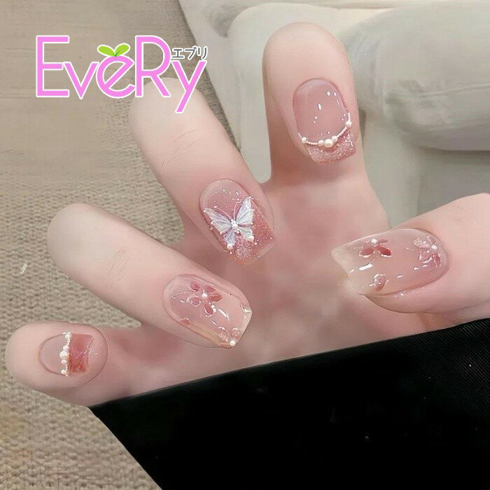 透け感ネイル ナチュラルヌードカラー 桃の花 蝶 付け爪 フルチップ サイズ調整可 可愛い高級感 ja002m7m7m4