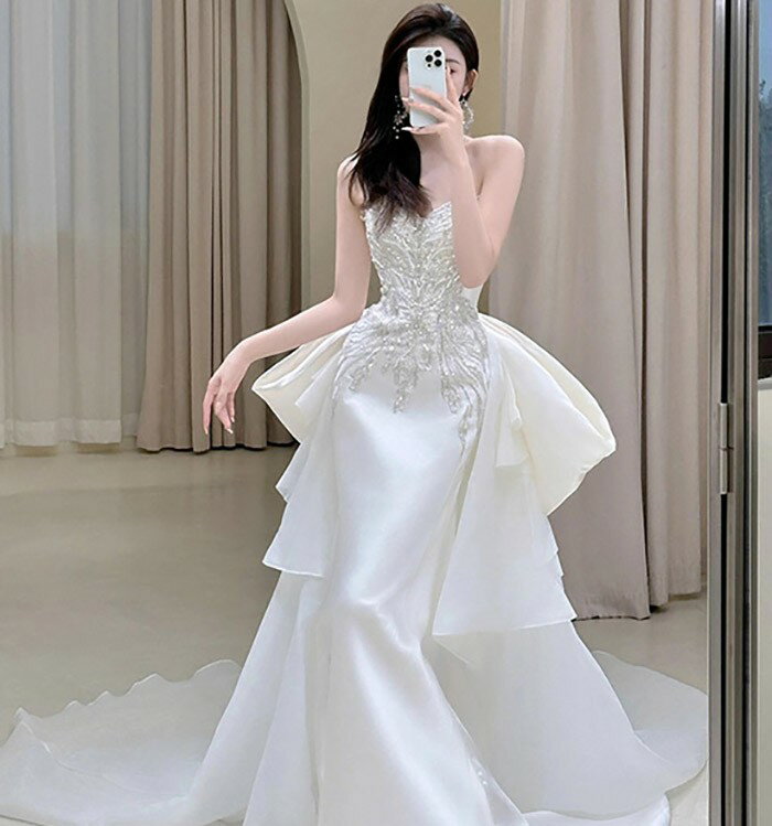 ウェディングドレス ビスチェタイプ マーメイドライン ビッグリボン 花嫁 白ドレス ワンピース プリンセス かわいい シンプル アンティーク クラシカル 結婚式 二次会 披露宴 前撮り 後撮り 撮影用 フォトウェディング ロング ba038n1n1m6