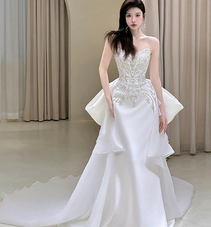 ウェディングドレス ビスチェタイプ マーメイドライン ビッグリボン 花嫁 白ドレス ワンピース プリンセス かわいい シンプル アンティーク クラシカル 結婚式 二次会 披露宴 前撮り 後撮り 撮影用 フォトウェディング ロング ba038n1n1m6