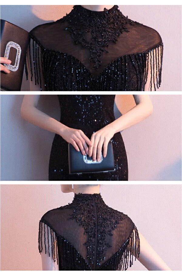 マーメイドドレス フリンジ袖 キラキラ スタンドカラー ハイネック 上品 マーメイドスカート 透け感 演奏会 ドレス 大人 ピアノ発表会 ロングドレス 母親 結婚式 大きいサイズ 3L 体型カバー 卒業式 花嫁 合唱団 20代 30代 40代 黒 金 白 ピンク 緑 ワインレッド da052n1n1t2