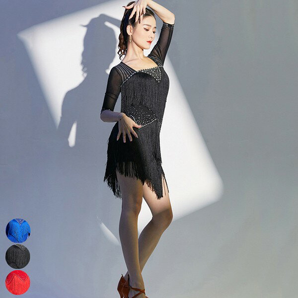 社交ダンス ラテンドレス ダンス衣装 演技服 ワンピース 透け感 装飾あり 練習着 五分袖 ワルツ チャチャチャ ラテン ステージ衣装 演出着 演出用 フリンジ...