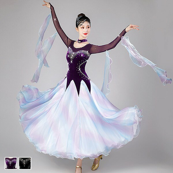 Rakuten - 社交ダンス ドレス 競技用 社交ダンス衣装 ワンピース スタンダード ドレス キラキラ 社交ダンス 広がる 舞台 豪華 長袖 ワルツ 発表会 団体 パーティー デモ 黒 S M L XL 2XL 3XL as025s1s1t2