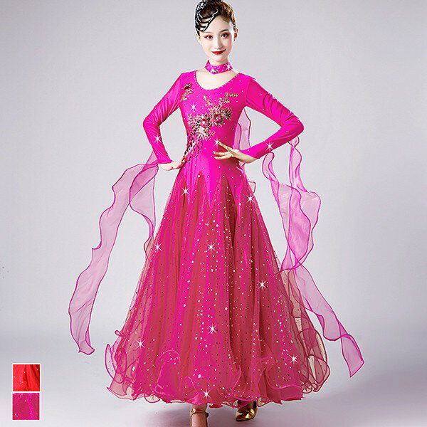 楽天ドレス・ファッション エブリ社交ダンス ドレス 競技用 社交ダンス衣装 ワンピース スタンダード ドレス キラキラ 社交ダンス 広がる 舞台 豪華 長袖 ワルツ 発表会 団体 パーティー デモ ピンク S M L XL 2XL 3XL as027s1s1t2