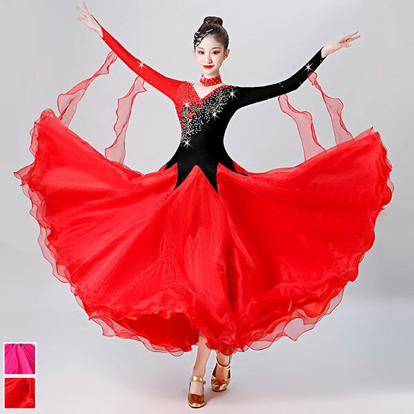 楽天ドレス・ファッション エブリ社交ダンス ドレス 競技用 社交ダンス衣装 ワンピース スタンダード ドレス キラキラ 社交ダンス 広がる 舞台 豪華 長袖 ワルツ 発表会 団体 パーティー デモ ピンク S M L XL 2XL 3XL as029s1s1t2