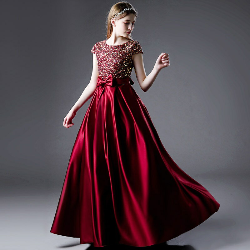 送料無料 キッズドレス 子供服 ロング丈 キッズ ガール 子供ドレス ピアノ 発表会 ワンピース ワインレッド 袖あり キャップスリーブ キラキラ プリンセスドレス Aライン ブライダル フォーマル 七五三 可愛い イベント 上品 お姫様 入園式 120 130 140 150 160 170 da941s1