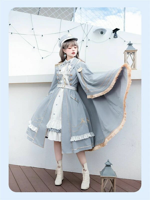 ミニロリ 軍服ロリータ ゴスロリ フルセット ワンピース 長袖あり 肩章 大正風 ペリースマント 全掛マント ミリタリーロリィタ ホワイト 白 ブルー 膝丈 レディース エポレット 女の子 膝丈ワンピース ロリドレス 萌え萌え 少女ウェア 学園祭 文化祭 イベント dd026sasam6