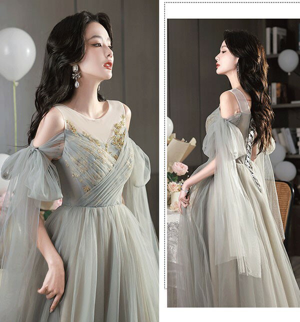 ドレス 大人 ピアノ 発表会 ロングドレス 母親 結婚式 オフショルダー 肩出し 袖付き 成人式ドレス 演奏会用ドレス 二次会 フォーマル 披露宴 ワンピース Aライン パーティードレス イブニングドレス グレー XS S M L 2L 3L 4L cm035t2