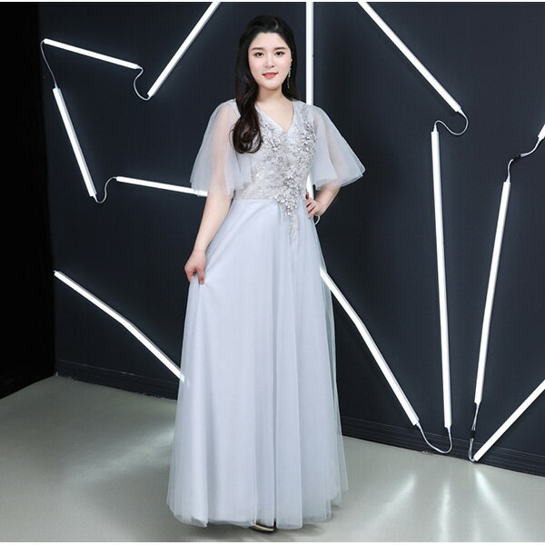 【期間限定！マスクプレゼント中】袖あり ロングドレス 母親 結婚式 大きいサイズ 編み上げタイプ Vネック 大人 ピアノ 発表会 レディーズ パーティードレス 演奏会 ゲレー エレガント イブニングドレス フェミニン【XL/2XL/3XL/4XL/5XL】da162t2t2t2