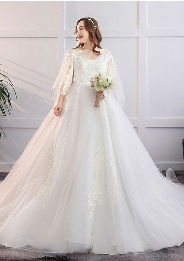 送料無料 ウェディングドレス ぽっちゃり 白ドレス 大きいサイズ 袖あり 着痩せ 結婚式 編み上げタイプ レース ロングドレス トレーンドレス ウエディングドレス 撮影用 L 2L 3L 4L 5L 6L 7L da171t2t2t2