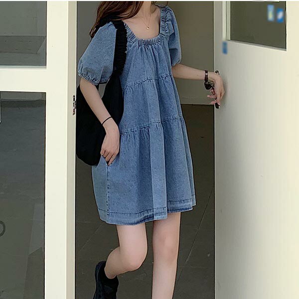 ワンピース 袖あり 夏ワンピ かわいい パフスリーブ デニム 韓国 着痩せ ゆったり 夏 夏 リゾートワンピ 旅行 デート ブルー S M L da247t2t2t2