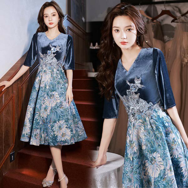 Rakuten - ドレス 大人 ピアノ 発表会 ミモレ丈 ベルベット Vネック 刺繍ドレス 5分袖 イブニングドレス ミセス向けドレス 演奏会 ピアノ発表会 ワンピース 二次会 女子会 パーティードレス 大人 S M L XL 2XL 3XL 4XL 青 dd235t2t2t2