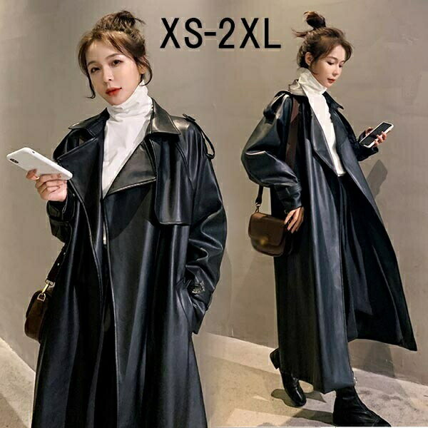 Rakuten - PU フェイクレザート レザージャケット ロングジャケット スプリングコート 革ジャン アウター レディース コート ロングコート 春アウター カジュアル ベルト付き ジャケット 着やせ 防風 シンプル 高品質 春秋 お洒落 ブラック df038t2t2t2