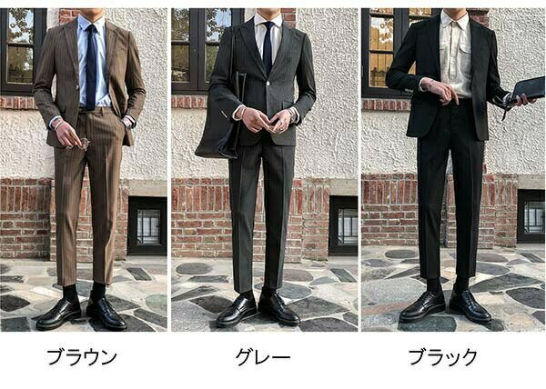 送料無料 メンズ スーツ 一つボタン ストライプ ビジネススーツ suit 細身 スリムスーツ フォーマルスーツ 紳士服 二次会 結婚式 卒業式 入学式 面接 通勤 パーティー カジュアルスーツ おしゃれ 春 秋 上下セット スーツ ブラック ブラウン グレー dp023t2t2t2