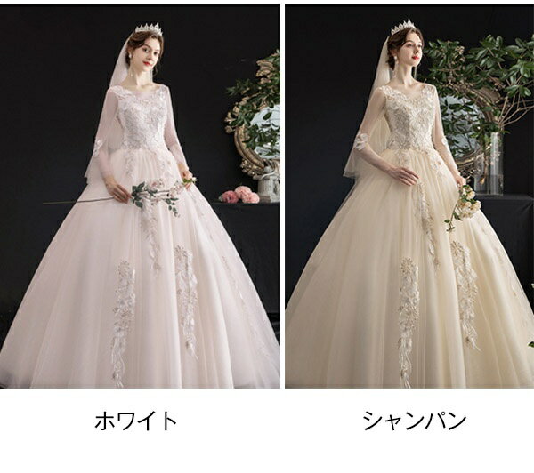花嫁 ウェディングドレス Aライン 袖あり 長袖 アンブレラスリーブ 白ドレス ラウンドネック 透け感 ワンピース プリンセス 結婚式 二次会 披露宴 前撮り 後撮り 撮影用 フォトウェディング 小さいサイズ ロング エレガント 優雅 シャンパン トレーンドレス dp048t2t2t2