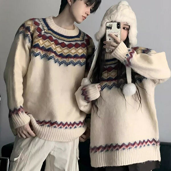 Rakuten - セーター ペアルック メンズ レディース お祝い プレゼント クリスマス ニット ゆったり ベージュ 秋冬 カップル 恋人 親友 友達 姉妹 韓国 おしゃれ 可愛い 暖かい トップス 旅行 S M L XL 2XL 3XL Merry Christmas ea064t2