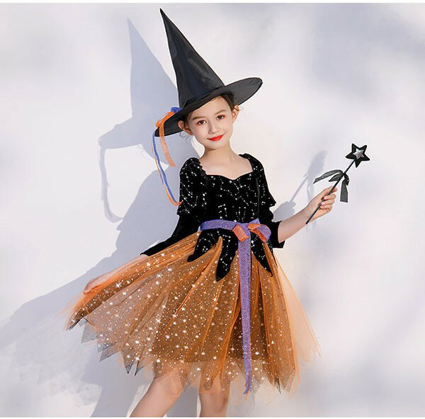 コスプレ 衣装 キッズ 子供服 ハロウィン 魔女 ウィッチ 女の子 ワンピース キラキラ 長袖 帽子 ステッキ コスプレ衣装 コスチューム プレゼント 可愛い パーティ イベント 変装 仮装 オレンジ ブラック パンプキン ジャックオーランタン 110 130 140 150 160 ec067t2t2t2