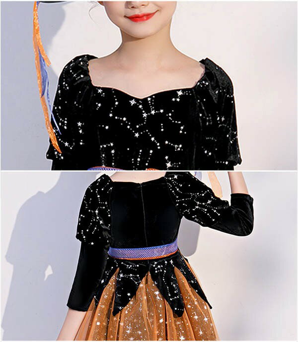 コスプレ 衣装 キッズ 子供服 ハロウィン 魔女 ウィッチ 女の子 ワンピース キラキラ 長袖 帽子 ステッキ コスプレ衣装 コスチューム プレゼント 可愛い パーティ イベント 変装 仮装 オレンジ ブラック パンプキン ジャックオーランタン 110 130 140 150 160 ec067t2t2t2