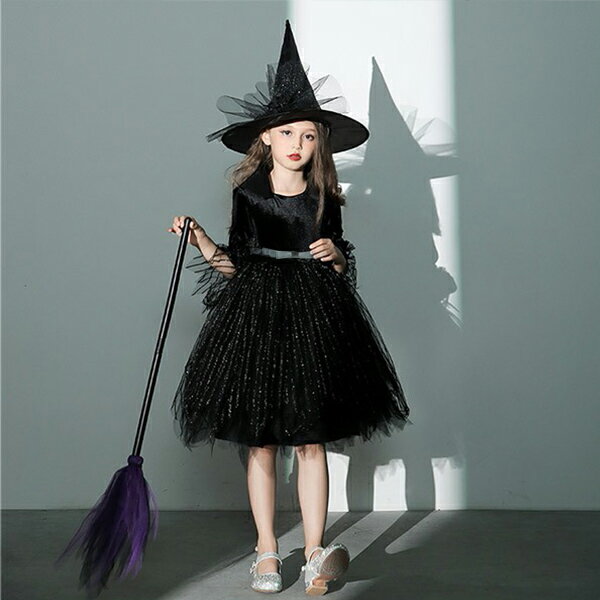 コスプレ 衣装 キッズ 子供服 ハロウィン 魔女 ウィッチ 女の子 ワンピース パフスリーブ 長袖 帽子 ひざ丈 黒魔女 ヴィランズ コスプレ衣装 コスチューム 可愛い パーティ イベント 仮装 ブラック 100 110 120 130 140 150 160 ec071t2t2t2