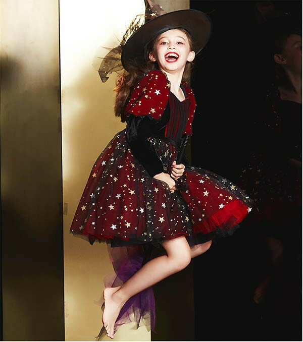 コスプレ 衣装 キッズ 子供服 ハロウィン 魔女 ウィッチ 女の子 ワンピース パフスリーブ 長袖 帽子 キラキラ ミニ丈 ヴィランズ コスプレ衣装 コスチューム 可愛い パーティ イベン 仮装 ブラック オレンジ 100 110 120 130 140 150 160 ec075t2t2t2