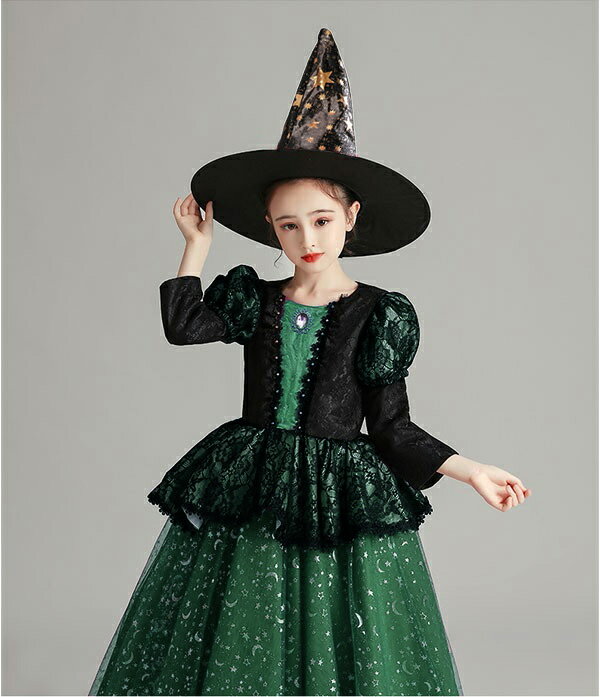 コスプレ 衣装 キッズ 子供服 ハロウィン 魔女 ウィッチ 女の子 ワンピース パフスリーブ 長袖 帽子 レースアップ ロング丈 ペプラム ヴィランズ コスプレ衣装 コスチューム 可愛い パーティ イベント 変装 仮装 ブラック グリーン 100 110 120 130 140 150 160 ec068t2t2t2
