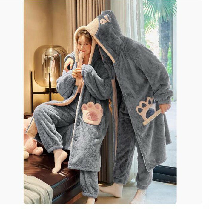 ペアルック ルームウェア 猫耳 もこもこ パジャマ レディース メンズ 上下セット 着る毛布 冬 長袖 ナイトガウン ズボン カップル ペアパジャマ 前開き フード付き 寝巻き 部屋着 プレゼント 暖かい あったか 防寒対策 かわいい ゆったり リラックス dh037x0x0m6