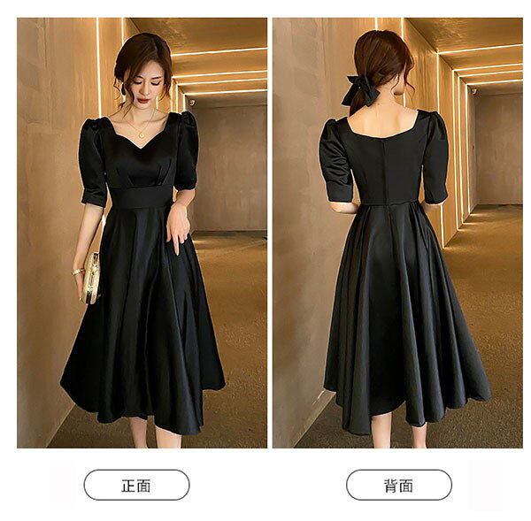 ドレス ミモレ丈 大人 ピアノ 発表会 ドレス 演奏会 ミディアムドレス 袖あり パフスリーブ Vネック サテン パーディードレス Aライン フォーマル 小さいサイズ ファスナー 可愛い 女子会 結婚式 母親 ドレス ブラック 黒 XS S M L XL 2XL da120x1x1c6