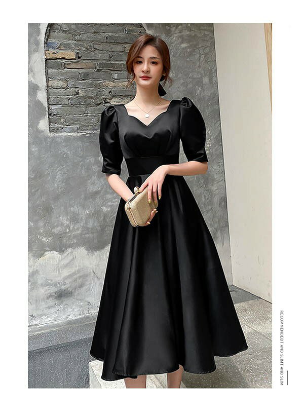 ドレス ミモレ丈 大人 ピアノ 発表会 ドレス 演奏会 ミディアムドレス 袖あり パフスリーブ Vネック サテン パーディードレス Aライン フォーマル 小さいサイズ ファスナー 可愛い 女子会 結婚式 母親 ドレス ブラック 黒 XS S M L XL 2XL da120x1x1c6
