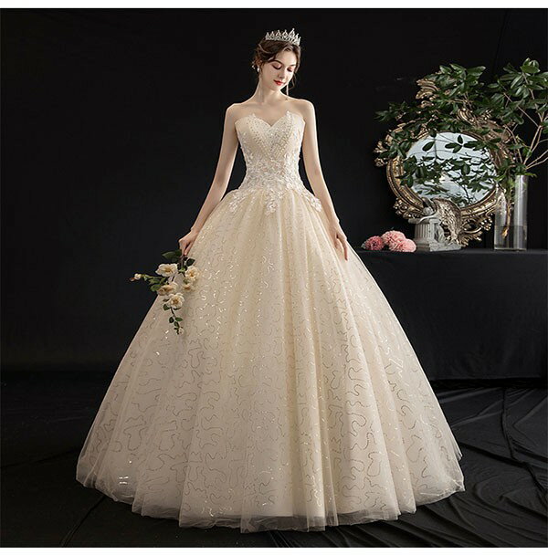 ウェディングドレス シャンパン色 ロングドレス セットアップ パニエ/手袋/ベール追加可能 ハートカットネック ノースリーブ 袖なし 背中開き 編み上げ プリンセスライン 花嫁 結婚式 披露宴 お呼ばれ 20代 30代 40代 前撮り 後撮り 小さいサイズ S~2XL da170x1x1t2