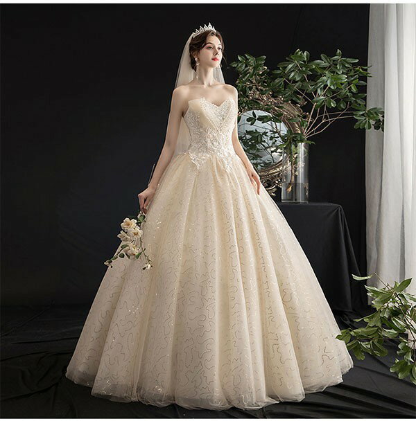 ウェディングドレス シャンパン色 ロングドレス セットアップ パニエ/手袋/ベール追加可能 ハートカットネック ノースリーブ 袖なし 背中開き 編み上げ プリンセスライン 花嫁 結婚式 披露宴 お呼ばれ 20代 30代 40代 前撮り 後撮り 小さいサイズ S~2XL da170x1x1t2