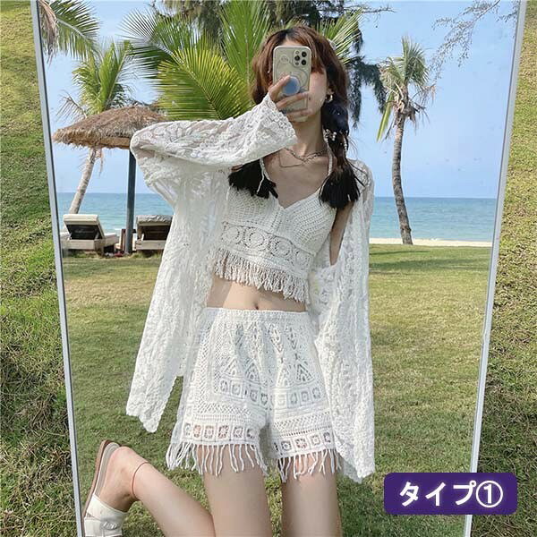 ドレス・ファッション エブリのタンキニ 水着 服みたいな キャミソール 長袖 ラッシュガード クロシェ編み フリンジ水着 レースアップ 三角ビキニ ホルターネック ボーイレッグ ワイヤーなし パッド付 体型カバー 海 プール かわいい 韓国風 大人 ジュニア 学生 女の子｜アングル2