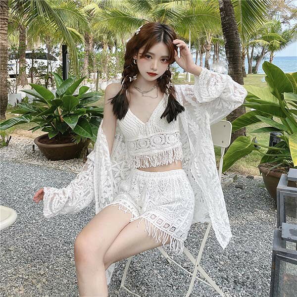 ドレス・ファッション エブリのタンキニ 水着 服みたいな キャミソール 長袖 ラッシュガード クロシェ編み フリンジ水着 レースアップ 三角ビキニ ホルターネック ボーイレッグ ワイヤーなし パッド付 体型カバー 海 プール かわいい 韓国風 大人 ジュニア 学生 女の子｜アングル3