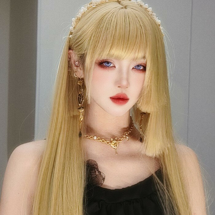 姫カット 中世の貴族風 ストレート ゴールド 金髪 フルウィッグ かつら 女性 長髪 ロングウィッグ ロングヘア ロリータ lolita 前髪あり 自然 可愛い wig コスプレ 耐熱ウィッグ 小顔効果 コスチューム 仮装 文化祭 学園祭 演劇 舞台 イベント 変装 女装 dp242x1x1m6