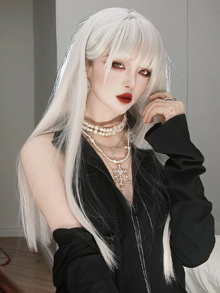 姫カット 中世の貴族風 ストレート シルバーホワイト 銀髪 フルウィッグ かつら 女...